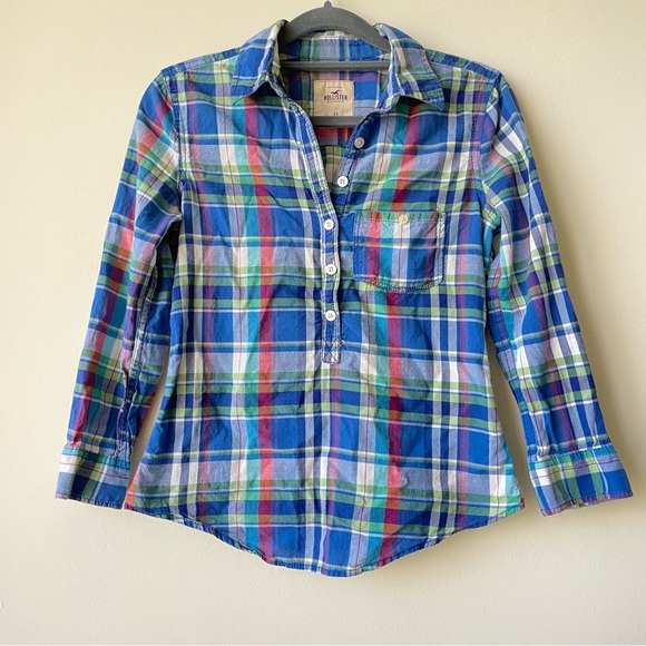 Hollister Plaid Pattern Tie Back Mid Sleeves Button Down Pop-Over Shirt - Picture 1 of 6